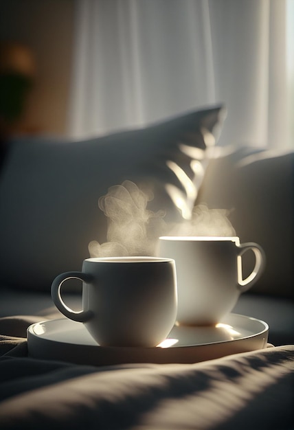 Copas de café em mesa de madeira em uma sala com luz matinal de uma janela