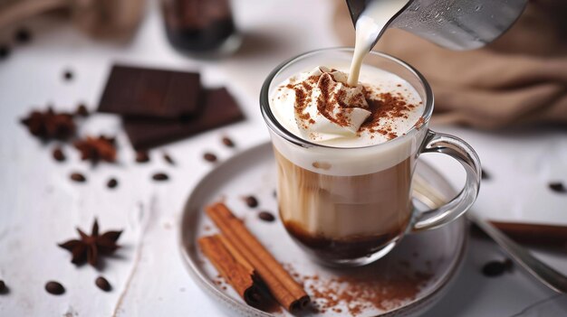 Copas de café, latte ou mocha com espuma de leite, foco seletivo, IA geradora