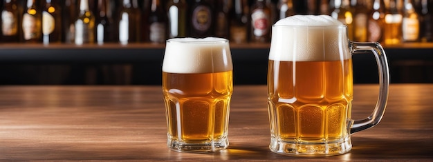 Copas de cerveja com espuma no bar com garrafas