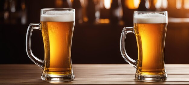 Copas de cerveja com espuma no bar com garrafas