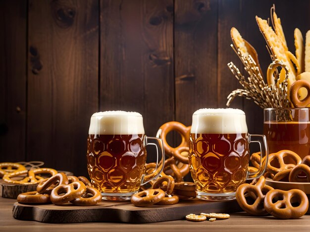 Copas de cerveja e pretzel em uma mesa de madeira em um fundo de oktoberfest