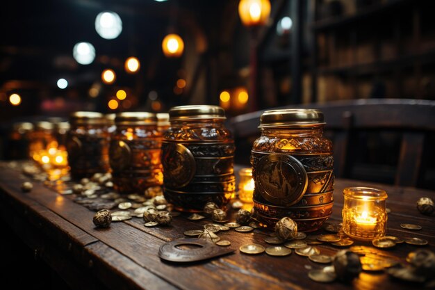 Copas de cerveja em um bar temático de piratas com velas e caixas de tesouros IA generativa