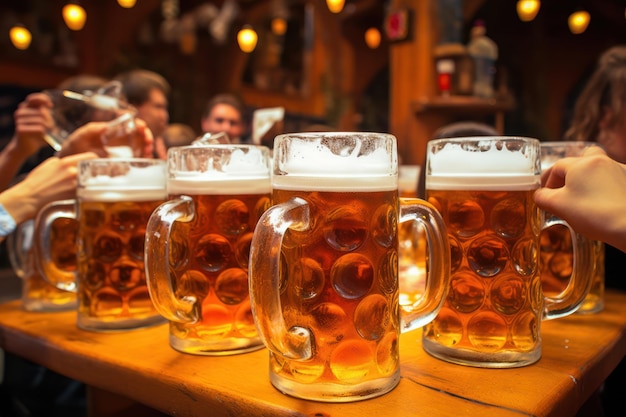 Copas de cerveja em uma mesa em close-up Oktoberfest Munique Festival de cerveja alemão