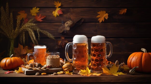 Copas de cerveja tradicionais cheias até a borda colocadas em uma mesa rústica ia geradora