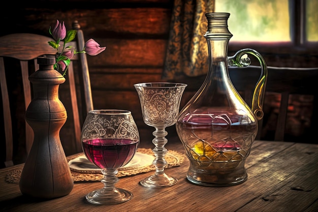 Copas y decantador con vino en la mesa en la cabaña