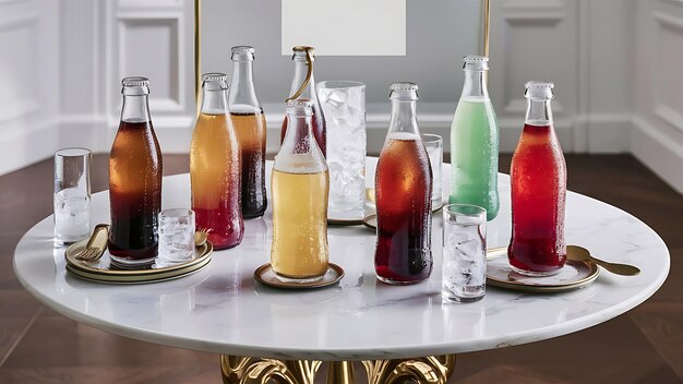 Foto copas de diferentes refrescantes de agua gaseosa con cubos de hielo en el espacio de mesa de mármol blanco para el texto