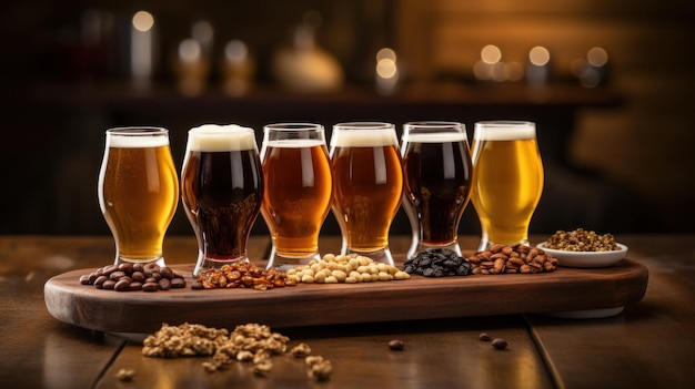 Copas con diferentes tipos de cerveza artesanal en bandeja de madera Mesa para la compañía de amigos bocadillos crujientes