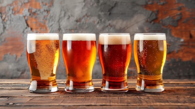 Copas con diferentes tipos de cerveza artesanal en una barra de madera Cerveza de grifo en vasos de pinta dispuestos en una fila Primer plano de cinco vasos de diferentes tipos de cervezas en un pub
