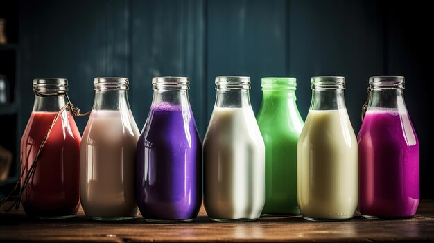 Copas con diferentes tipos de leche sobre un fondo negro