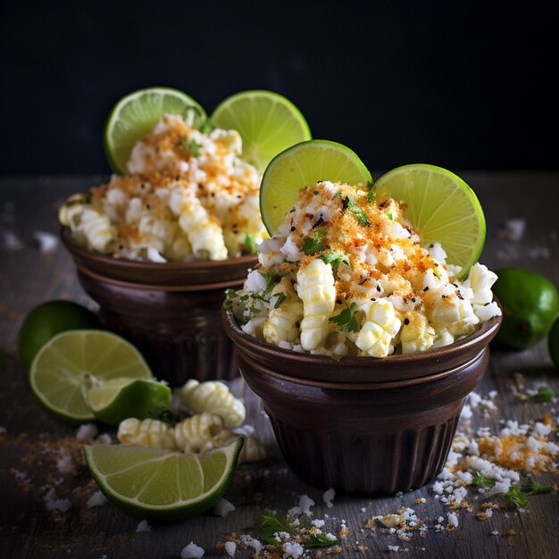 Foto copas de fotos con deliciosas esquites y limón