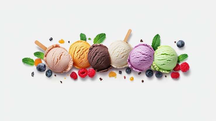 Copas de helado coloridas con bayas y fondo aislado blanco menta