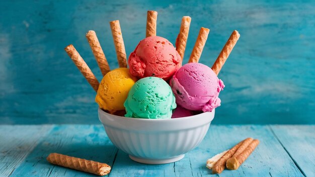 Foto copas de helado coloridas con palitos de oblea en el cuenco