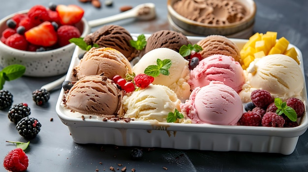 Copas de helado de diferentes colores y sabores con bayas frescas y hojas de menta
