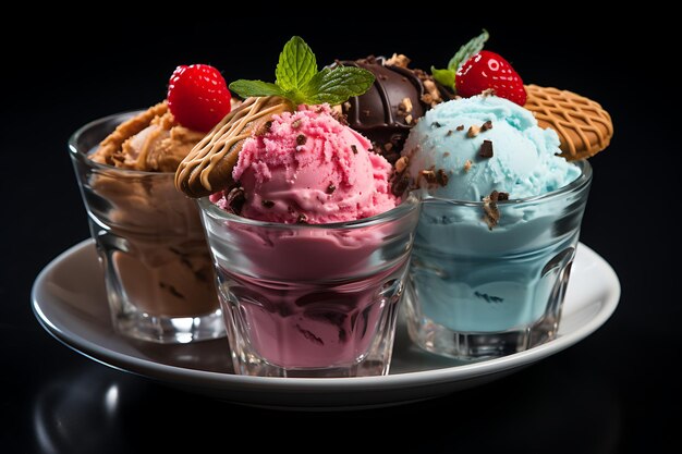 Copas de helado mixtas en un cuenco con sabor a fresa y vainilla enfoque selectivo