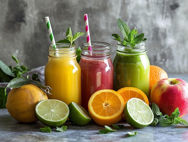 Copas de jugo de fruta recién exprimido rodeadas de una variedad de frutas y verduras