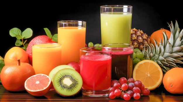 Copas de jugo de frutas frescas y de varios sabores