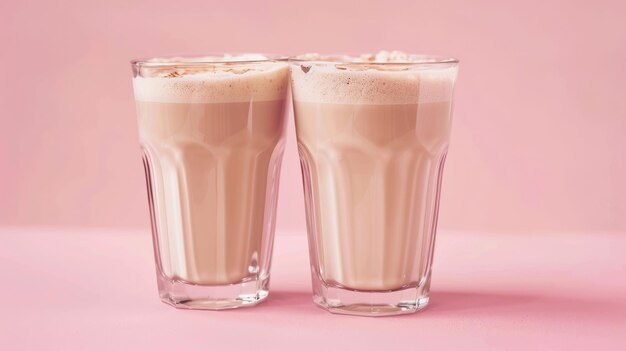 Copas de leche de café sobre un fondo rosado Bebida fría sabrosa Comida refrescante