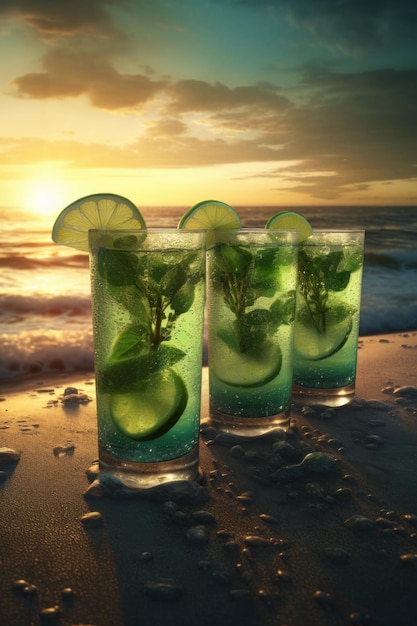 Copas de Mojitos en un atardecer en la playa Creado con tecnología de IA generativa