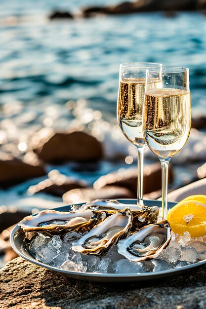 Foto copas de ostras con vino en la orilla del mar enfoque selectivo