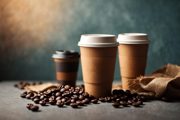 Copas de papel con granos de café en la mesa contra un fondo borroso