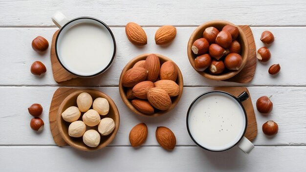 Copas planas de leche con almendras de avellanas y varias nueces sobre un fondo de madera blanca