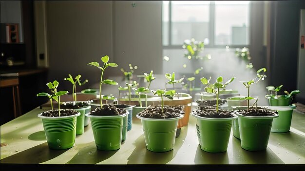 Foto copas de plástico con jóvenes plántulas verdes en crecimiento una sensación de calma y estabilidad jóvenes brotes de ne