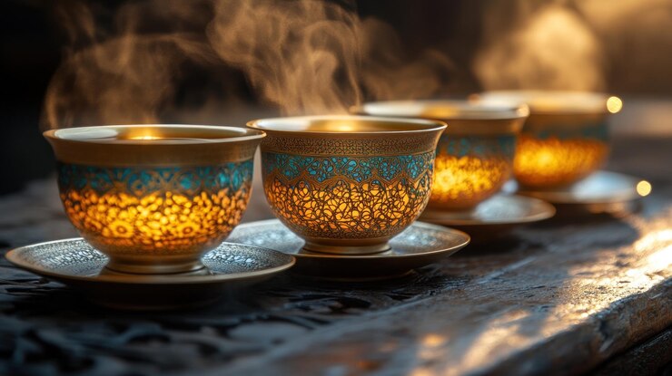 Copas de té doradas con vapor que se eleva exudan calor y tradición