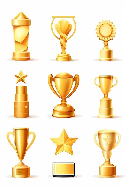 Copas de trofeos de oro y premios de diferentes formas ilustración de vector de fondo aislado
