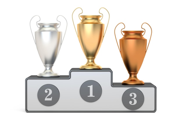 Copas de trofeos de plata dorada y bronce en renderizado 3D de pedestal