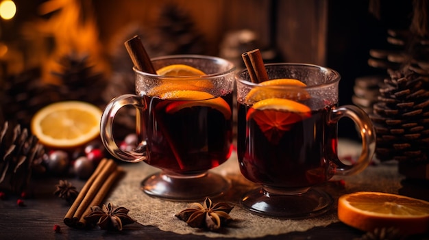 Copas de vidrio cálidas y acogedoras de vino caliente de invierno con especias y rebanadas de naranja Vida muerta con una bebida tradicional Atmósfera festiva alegre de Año Nuevo IA generativa