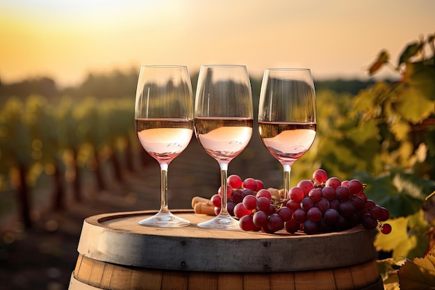 Copas de vino en un barril de madera en un viñedo