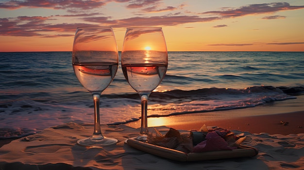 copas de vino blanco y una hermosa puesta de sol en la playa