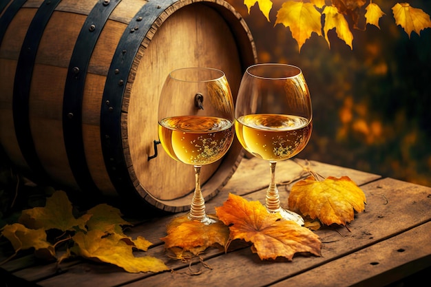 Copas de vino blanco en otoño contra el telón de fondo del barril de vino de madera y hojas caídas