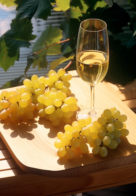 Copas de vino blanco con uvas en el lado