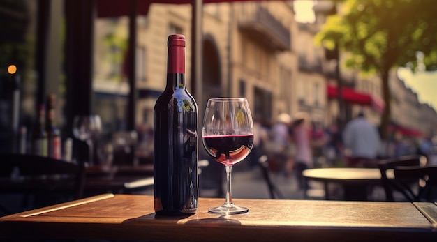 Copas de vino y botellas generativas de IA en una mesa de madera con fondo borroso con luces de bar de la calle, cafetería, cafetería o restaurante.