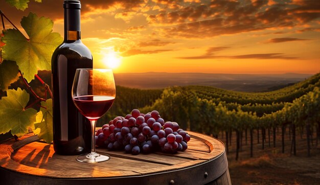 Copas de vino botellas de vino paisaje de viñedos y uvas en la naturaleza