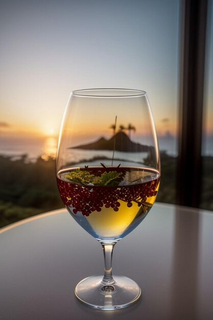 Copas de vino brillantes afuera con el cielo azul de Hawai