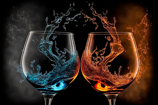 Copas de vino brindando vino que se vierte en una copa de vino que salpica de las copas