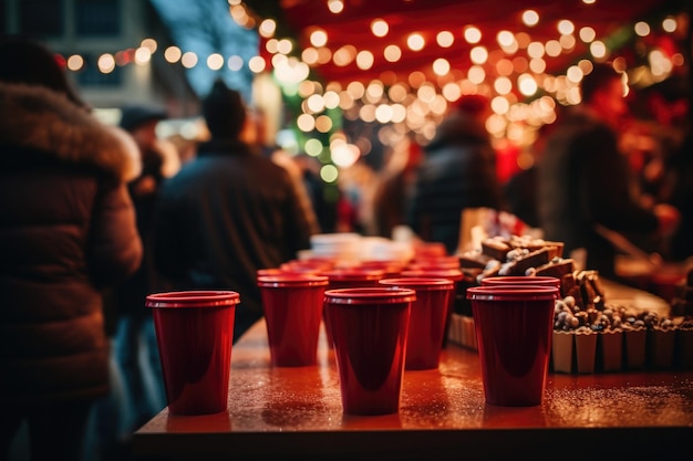 Copas con vino caliente caliente en la calle nocturna con iluminaciones festivas Feria navideña en la ciudad