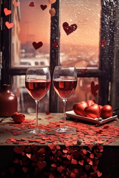 Foto copas de vino y confeti en forma de corazón en la mesa creada con ai generativo