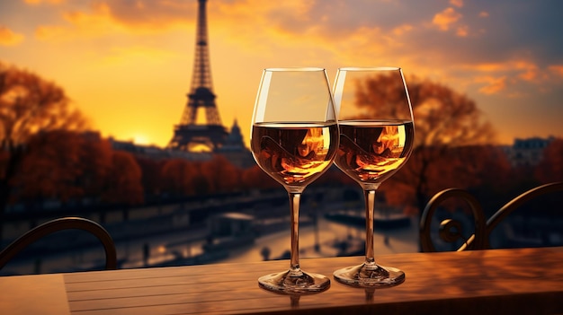 Foto copas de vino contra el fondo de la torre eiffel enfoque selectivo ia generativa