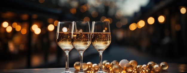 Copas de vino espumoso en medio de un brillante ambiente nocturno dorado