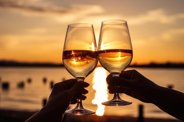 Copas de vino con fondo de cielo al atardecer