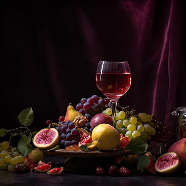 Copas de vino con frutas y uvas en el