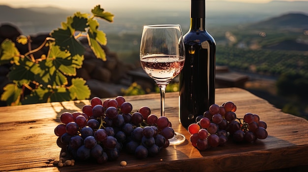 Foto copas de vino llenas de vino tinto botella de vino y uvas