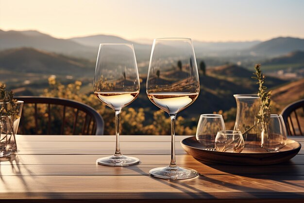 copas de vino en una mesa con una gran vista amplia