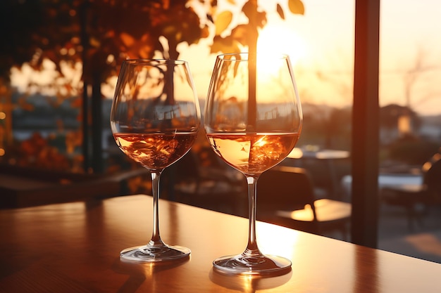 Copas de vino en la mesa en un restaurante al atardecer en primer plano