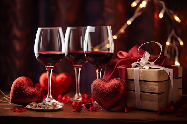 Copas de vino con regalos y un corazón