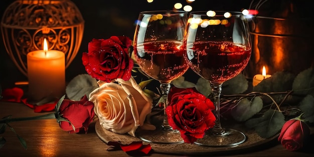 copas de vino Rosas flores, pétalos y velas luz borrosa en la mesa Fondo romántico