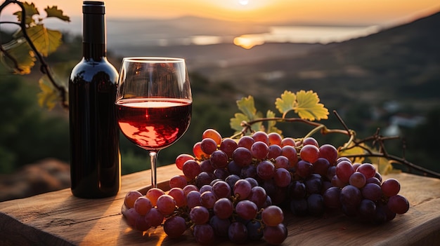 Copas de vino tinto con botella y uvas en la escena del viñedo al atardecer